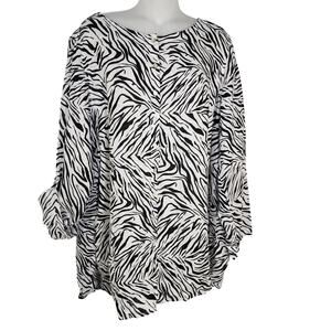 Cynthia Rowley Womens Top 2X 100% Linen Zebra Print Button Long Roll Tab Sleeve